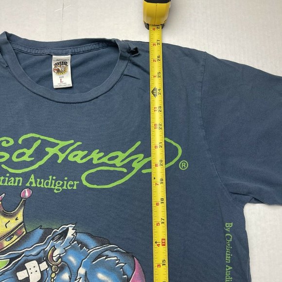 Vintage Y2K Ed Hardy T Shirt All Over Print Blue Green Size L - Picture 9 of 9